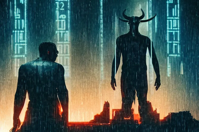 Image similar to humanoid minotaur in the movie bladerunner 2 0 4 9. cinematic wide shot in the style of cyber punk