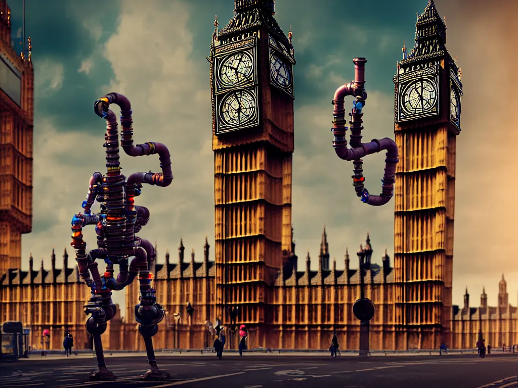 Image similar to a giant ancient beautiful cyborg of the elder gods with pipes and tubes in the city of London, an image of a beautiful cyborg, a beautiful cyborg, a cyborg, London streets with one bigben in the background, colourful, dramatic lighting, spring time, very detailed octane render very realistic beautiful