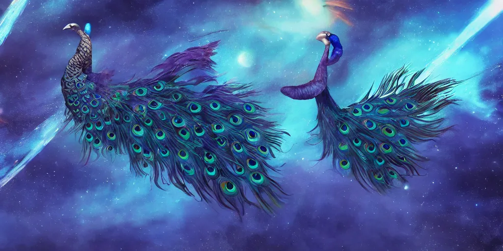 Prompt: giant, indigo peacock flying through a universe, concept art, 8k, illustration, fantasy art, epic scene