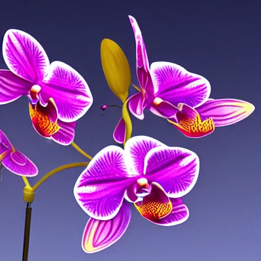 Image similar to an orchid flower, robotic, made of metal, shiny, glowing, unreal engine