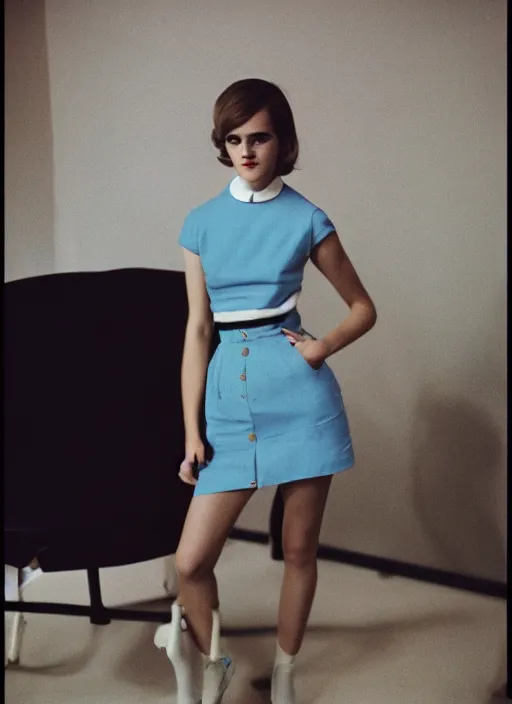 Image similar to Retro color photography 1960s fashion photoshoot of Emma Watson portrait Cinestill 800T, 1/2 pro mist filter, and 65mm 1.5x anamorphic lens
