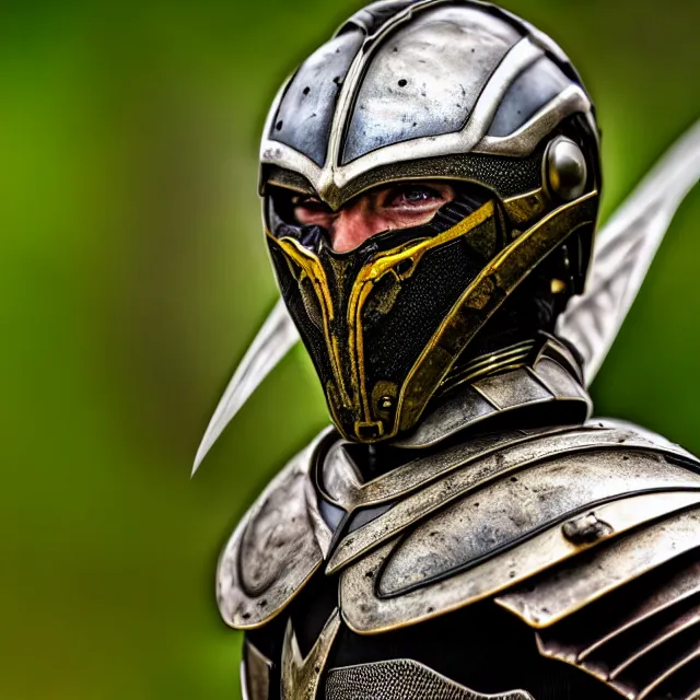 Image similar to warrior with wasp armour, highly detailed, 8 k, hdr, smooth, sharp focus, high resolution, award - winning photo