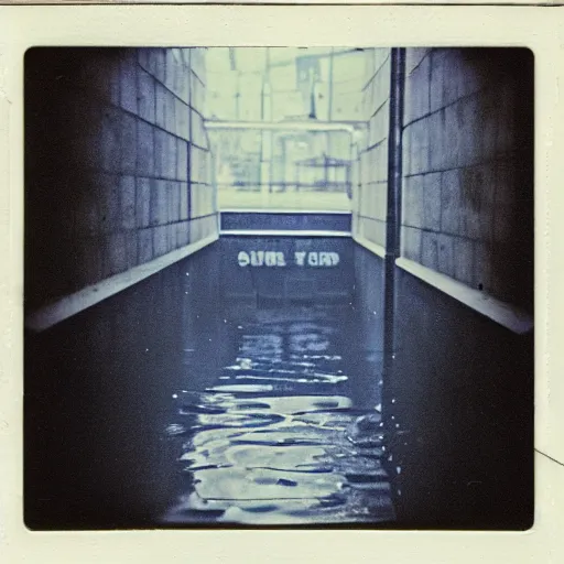 Image similar to flooded subway entrance, dark, liminal space, eerie, old polaroid,