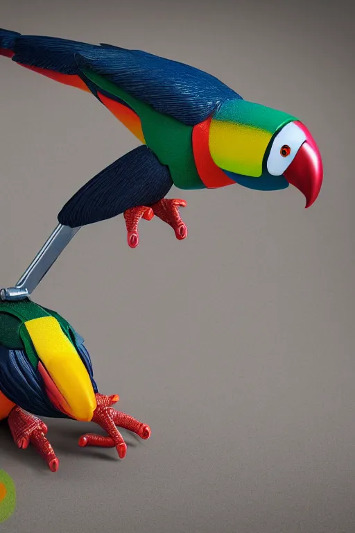 Prompt: a macro photo of a cyborg toucan miniature figurine, dynamic pose, chrome parts, intricate details, intricately detailed textures, warm lighting, vivid colors, realistic octane render, hyper realistic render, volumetric shading, depth of field, raytracing, 8 k,