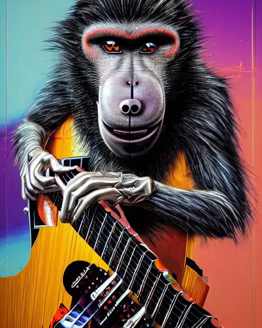 Image similar to a portrait of an anthropomorphic cyberpunk baboon shredding an electric guitar by sandra chevrier, by jon foster, detailed render, tape deck, epic composition, cybernetics, 4 k realistic, cryengine, realistic shaded lighting, sharp focus, masterpiece, by enki bilal