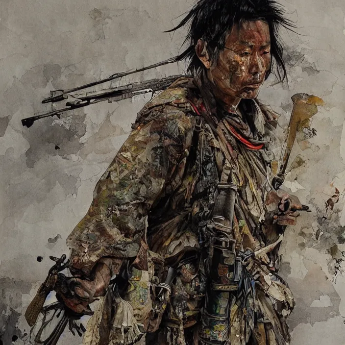 Prompt: lone burmese warrior, painting, by greg ruthowski, yoshikata amano, yoji shinkawa, alphonse murac, collaborative artwork, beautifully drawn, heavily detailed
