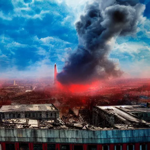 Image similar to dystopian, destroyed washington dc, real, blue sky, smoke, red clouds, detailed, award winning, masterpiece, photograph, cinematic, hyperrealism