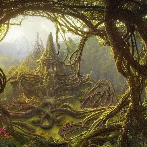 Image similar to a beautiful and highly detailed matte painting of an elven temple in a magical fantasy garden in a lush forest in the mystical mountains, celtic knots, tangled roots, knotted vines, intricate details, epic scale, insanely complex, 8 k, sharp focus, hyperrealism, very realistic, by caspar friedrich, albert bierstadt, james gurney, brian froud,