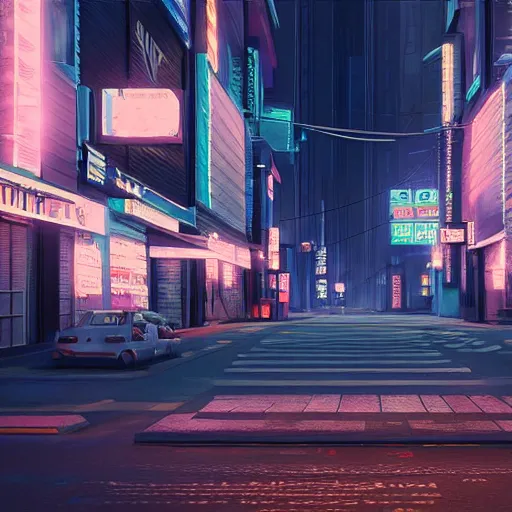 Image similar to a digital painting of a city street at night, cyberpunk art by makoto shinkai, tumblr, photorealism, matte painting, rendered in unreal engine, rendered in cinema 4 d