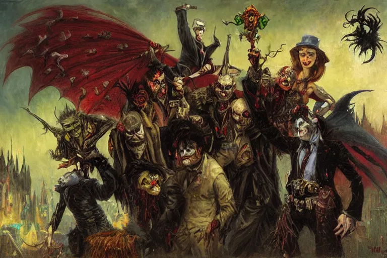 Image similar to vampire muppet batman and zombie robin vs. joker van helsing. art by gaston bussiere.