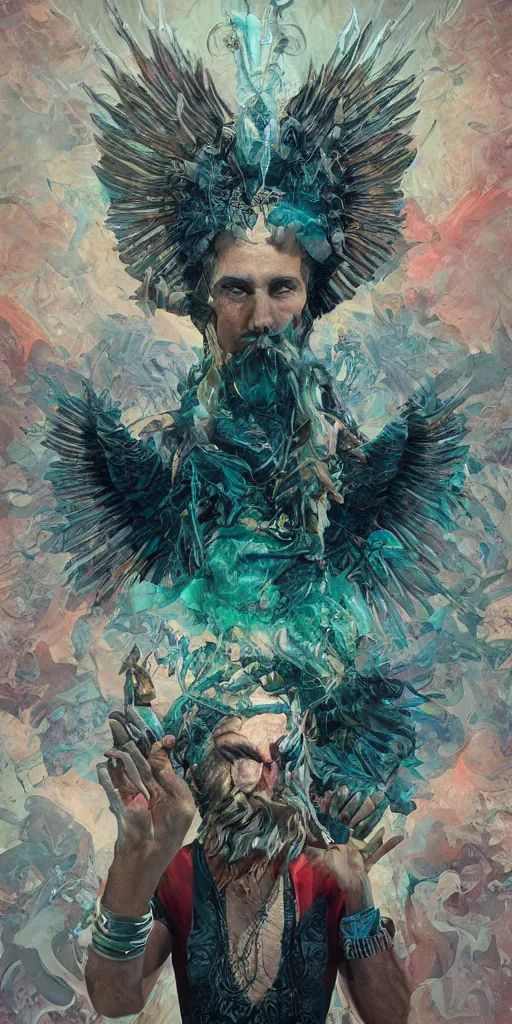 Image similar to Portrait of enki sumerian god, holding a strobilus in his left hand and wings. illustration, by James Jean, artgerm, octane render, by John Coltrane and Marc Simonetti, Manic, inspired by Greg rutkowski, colorful, high detail of the face, full body