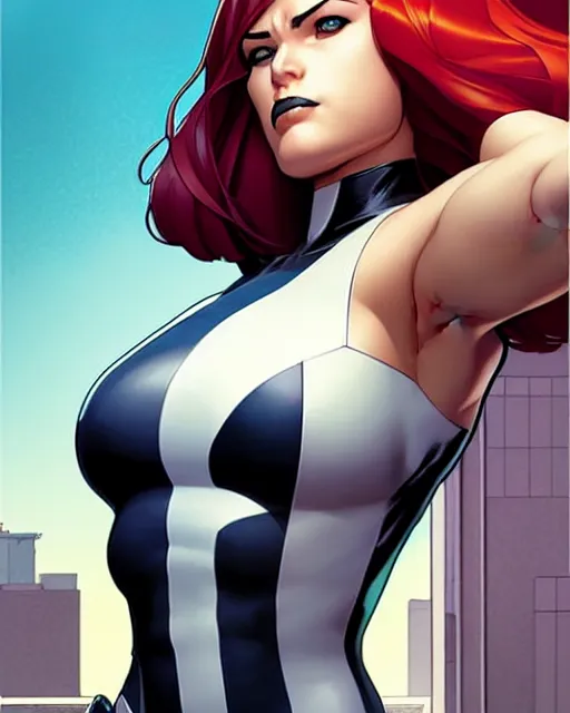 Image similar to phil noto comicbook cover art, artgerm, female domino marvel, symmetrical eyes, long red hair, full body, city rooftop