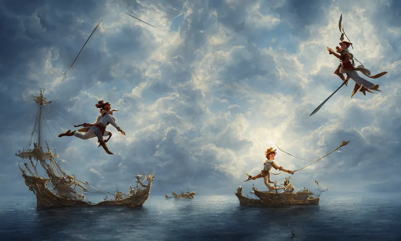 Image similar to a beautiful digital painting of peter pan sword fighting with hook, disney, a white caravel flying in the clouds, birds in the sunlight, numerous golden ropes and intricated sails, blue sky at sunset, elegant, highly detailed, artstation, concept art, matte, sharp focus, art by tom bagshaw, kelogsloops and greg rutkowski