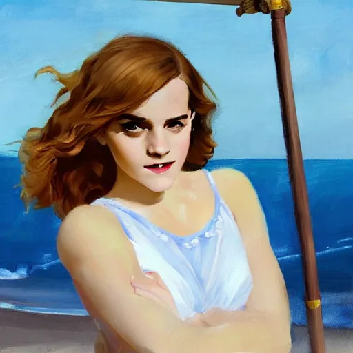 Image similar to pinup art of emma watson as hermione granger in a beach, artwork by greg manchess, medium shot, asymmetrical, organic painting, sunny day, matte painting, bold shapes, hard edges, street art, trending on artstation, by huang guangjian and gil elvgren and sachin teng 1 9 5 6