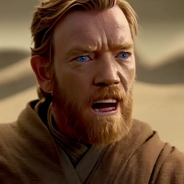 Image similar to still image of obi - wan kenobi sticking out his tongue and crossing his eyes, ewan mcgregor, live - action, star wars movie, cinematic