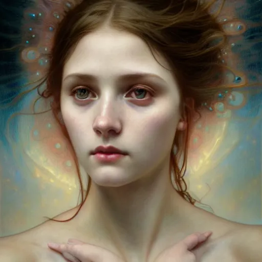 Image similar to portrait of an innocent girl manifesting eternity in a blink, face, fantasy, intricate, elegant, dramatic lighting, highly detailed, lifelike, photorealistic, digital painting, artstation, concept art, smooth, sharp focus, illustration, art by John Collier and Krenz Cushart and Artem Demura and Alphonse Mucha and and Albert Aublet