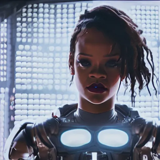 Image similar to movie still of rihanna cyborg, cinematic composition, cinematic light, criterion collection, by edgar wright