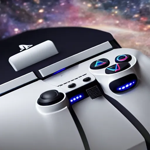 Image similar to a playstation 4 in space wrapped with a ribbon like a present, realistic, detailed, hd photography