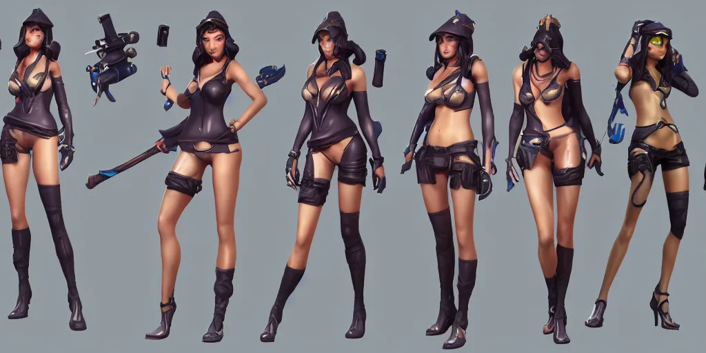 Image similar to rendered character sheet of Pool party Caitlyn in the game League of Legends, unreal engine 5 3d trending on art station