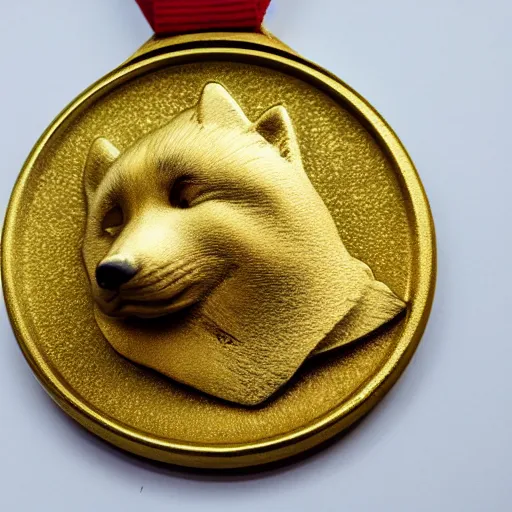 Image similar to studio photo of a gold medal ese with the face of a shiba inu, photorealistic, detailed, close - up photo, 4 k.