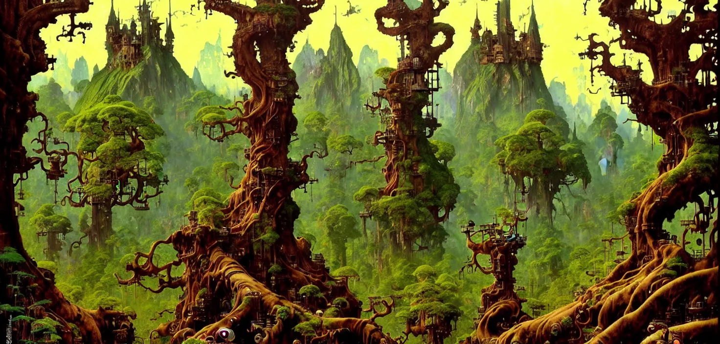 Image similar to exquisite imaginative fantasy landscape lush forests, gnarly trees, with steampunk castles movie poster by : : norman rockwell, sargent, james gurney weta studio, trending on artstation james jean frank frazetta