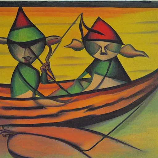 Image similar to Cubist painting of two elves fishing in a boat at sunset on a quiet pond