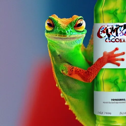 Image similar to gecko advertising the drink coca cola to all his chameleon friends, promo photo