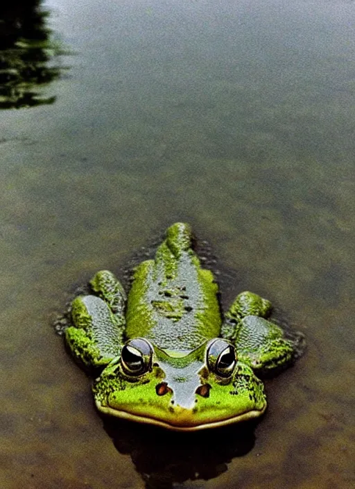 Image similar to “semitranslucent smiling frog amphibian floating over misty lake waters in Jesus Christ pose, low angle, long cinematic shot by Andrei Tarkovsky, paranormal, eerie, mystical”