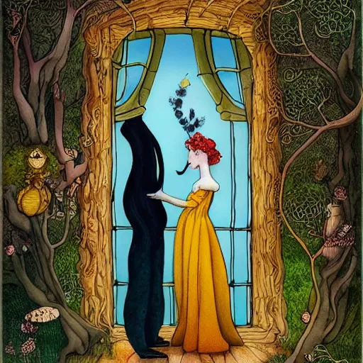 Image similar to a portrait of a woman standing infront of a window, she is happy and has lovely hair and eyes, a man is standing behind her with a look of suprise in his face, 🪴🌳🐝, 8 k, lowbrow, in the style of daniel merriam and alexander jansson,