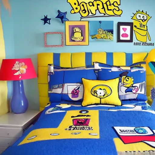 Image similar to A high quality photograph of a SpongeBob themed bedroom