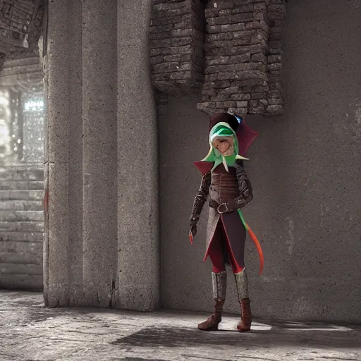 Prompt: an elf is standing next to a wall, hyper detailed, octane render, photorealistic