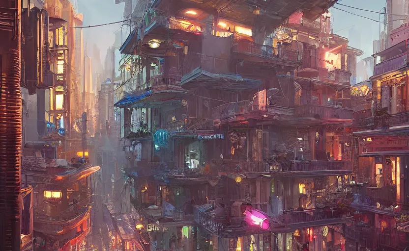 Prompt: a beautiful digital matte painting of futuristic cyberpunk french quarter, new orleans, by eddie mendoza and david lozeau and franklin booth and laurie greasley, detailed, artstation, plants on balconies, musicians, 8 k