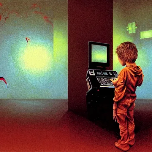 Image similar to 8k professional photo of an 8 years old enlightened and scared boy standing in front of an old computer from 90s with a game doom2 at the monitor screen in a vr vaporvawe space, Beksinski impasto painting, part by Adrian Ghenie and Gerhard Richter. art by Takato Yamamoto, masterpiece. still from a movie by Gaspar Noe and James Cameron