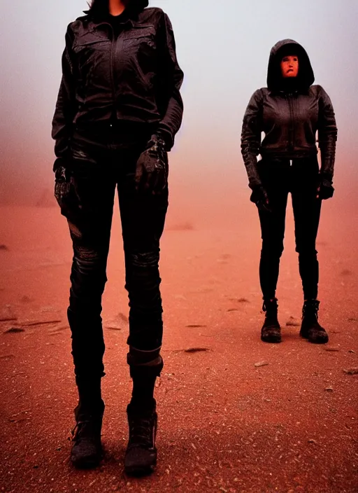 Image similar to cinestill 5 0 d photographic portrait of two loving female androids wearing rugged black techwear on a desolate plain with a red sky, extreme closeup, lizard on ground, cyberpunk style, in front of a brutalist dark metal facility, dust storm, 3 5 mm, high resolution, 8 k, hd, f / 3 2, ultra realistic faces