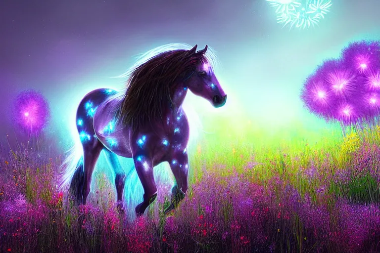 Image similar to a stunning digital painting of a horse with a mane of bioluminescent flowers running through a field of flowers by eddie mendoza, flowerpunk, volumetric light, digital art, fine detail, photorealistic