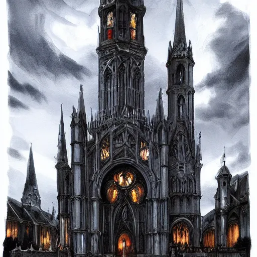 Image similar to modern gothic building made out of dark stone with white arches as a bright high contrast cinematic lighting highly detailed 4 k resolution jesper ejsing