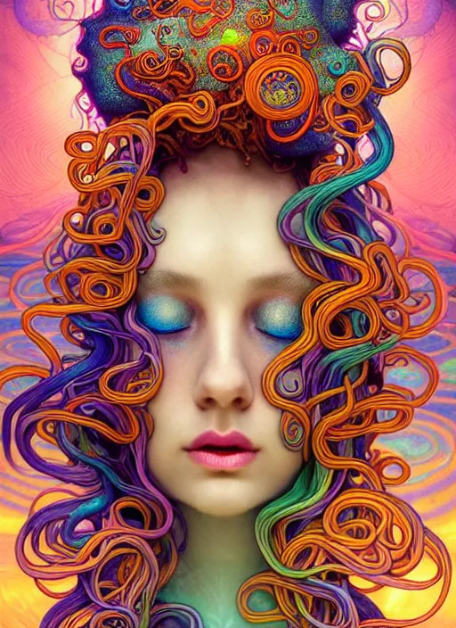 Image similar to A sea goddess with colorful tentacles hair having an colorful enlightening, magic mushrooms, psilocybin, LSD, face, detailed, intricate, elegant, highly detailed, digital painting, artstation, concept art, smooth, sharp focus, illustration, art by Krenz Cushar, Artem Demura, alphonse mucha, Octane render, unreal engine, 8K