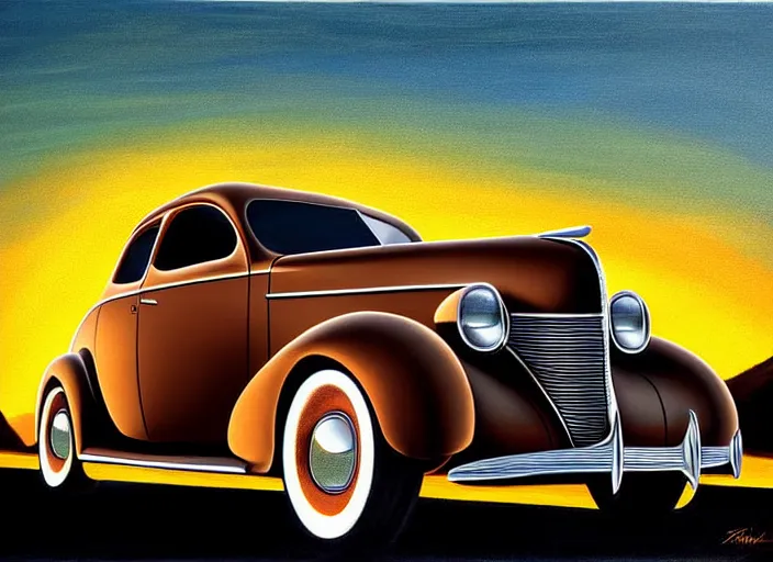 Image similar to beautiful painting, 1 9 3 7 pontiac sedan, two tone, tan with dark brown fenders, california background, sunset, dramatic lighting