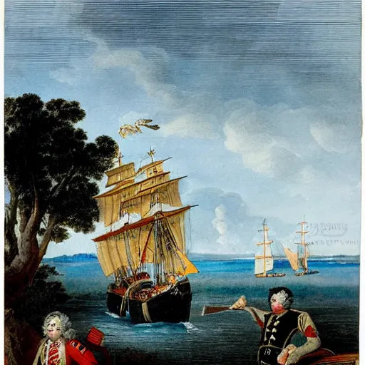 Image similar to Capitain Cook arriving in the bay of islands on the HMS Endeavour amongst dense New Zealand coastal forest, 1769 New Zealand, in the style of a Charles Emilius Gold watercolor