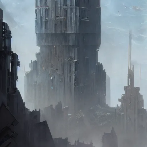 Prompt: A gigantic brutalist steampunk skyscraper citadel, Magic the Gathering art, art by greg rutkowski, matte painting, trending on artstation, very detailed