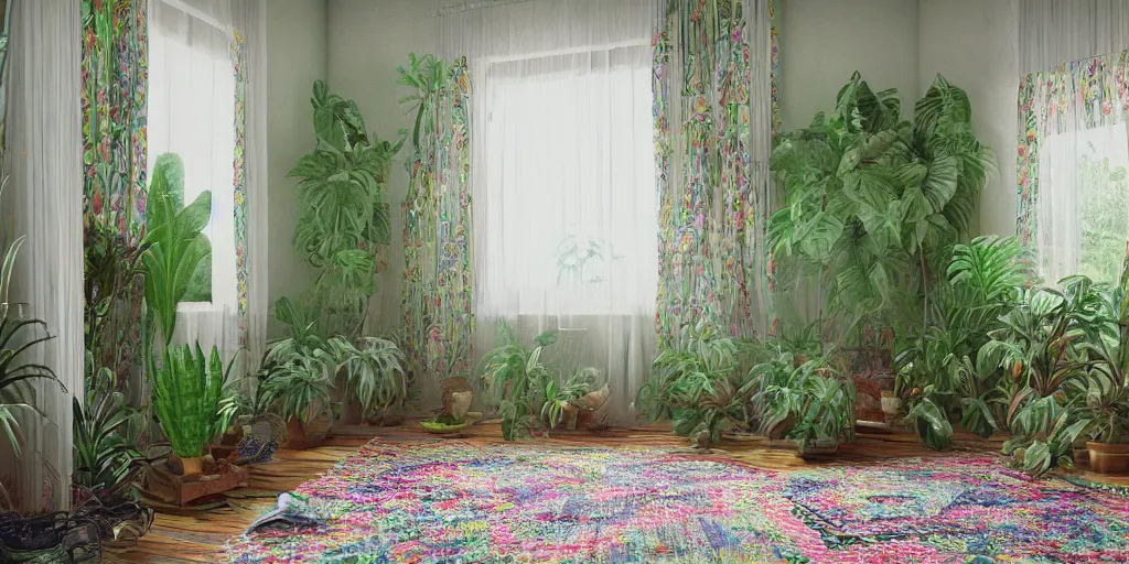 Prompt: 1 9 6 9 living in an older house, hippie pad, hippie chic, antiques, tropical houseplants, beaded curtains, posters on the walls, persian rugs, artstation, v - ray render, 8 k