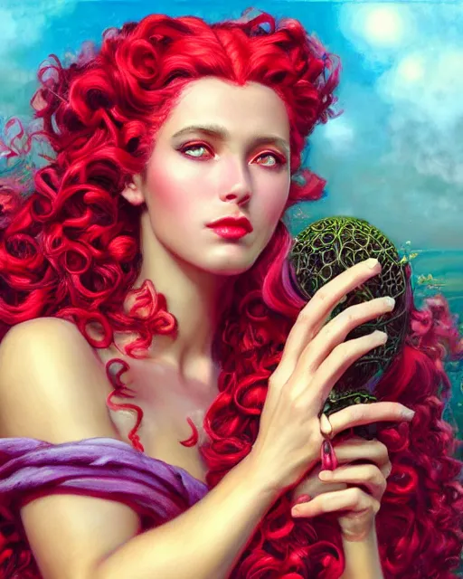 Prompt: portrait of glamor greek persephone | pomegranate | curly hair | orchard background | highly detailed | very intricate | professional model | cinematic lighting | painted by donato giancola and mandy jurgens and charlie bowater | bold colors, artdeco, art deco outrun anime aesthestic, 8 0's nostalgia | featured on artstation