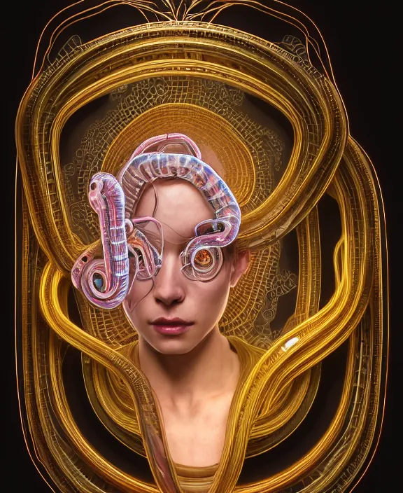 Image similar to intricate opulent transparent clear see - through portrait of handsome masculine snake, fractal, neon lights, circuitry, industrial environment, ultra realistic, concept art, art nouveau, photorealistic, octane render, 8 k, unreal engine. art by nori inoguchi and sam kaplan and zachary goulko and christopher marley and artgerm and alphonse mucha