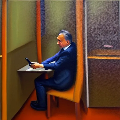 Image similar to viktor orban playing on his phone in a cubicle, oil painting