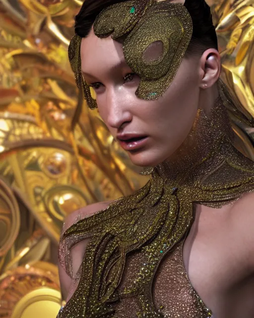 Image similar to a highly detailed metahuman 8 k close up render of bella hadid renaissance in iris van herpen dress schiaparelli in diamonds crystals swarovski and jewelry iridescent in style of alphonse mucha trending on artstation made in unreal engine 4