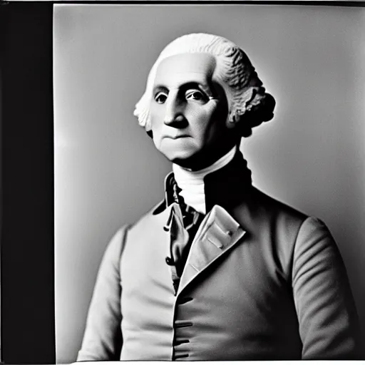 Image similar to photo of George Washington by Diane Arbus, 2022, black and white, high contrast, Rolleiflex, 55mm f/4 lens