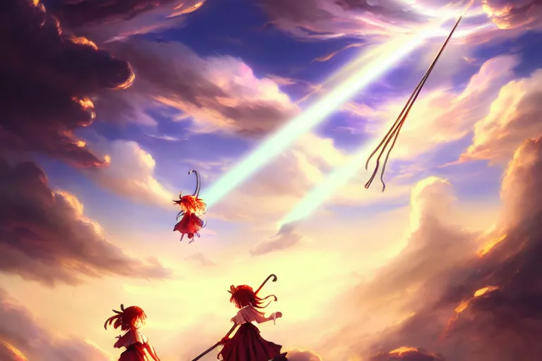 Prompt: baroque oil painting of anime key visual concept art of touhou anime witches flying on broomsticks through the sky, volumetric lighting, sunrays breaking through clouds, grimdark steampunk high fantasy, trending on artstation, brush strokes, oil on canvas, style of makoto shinkai and greg rutkowski and studio ghibli