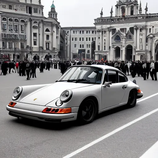 Image similar to a stunning award-winning photo of the Pope doing a sick drift in his Porsche on St. Peter's square, dark tire marks, gray smoke coming out of the tires, very high quality, extremely detailed