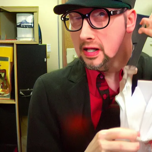 Image similar to Nostalgia Critic transforming into a toilet