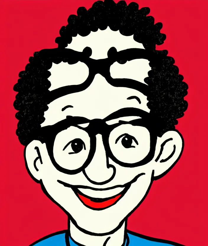 Prompt: jewish young man with glasses, dark short curly hair smiling, illustration in the style of dr. suess